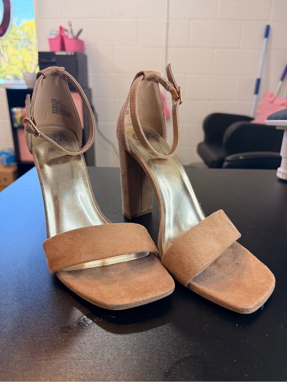 Women's Tan Suede Block Heel Sandals with Ankle Strap